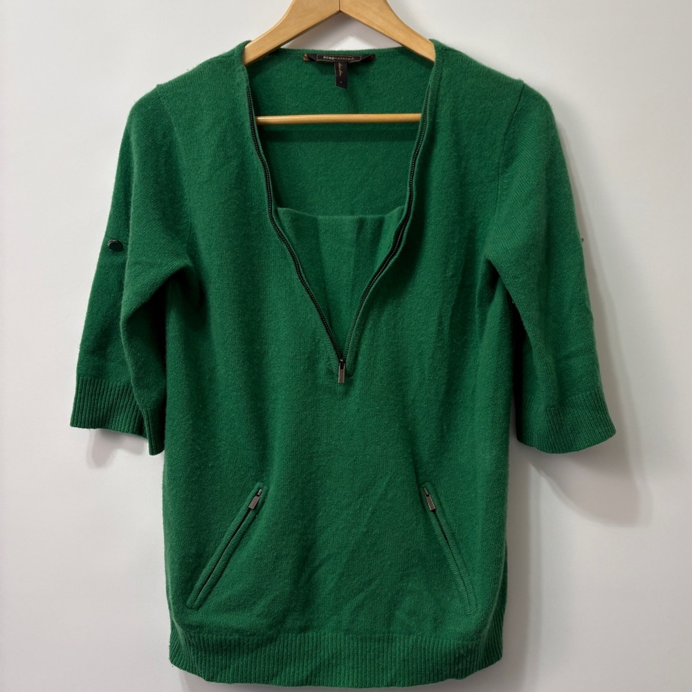 BCBGMAXAZRIA v-neck Cashmere sweater half-zip‎ 3/4 length sleeves Green Size S